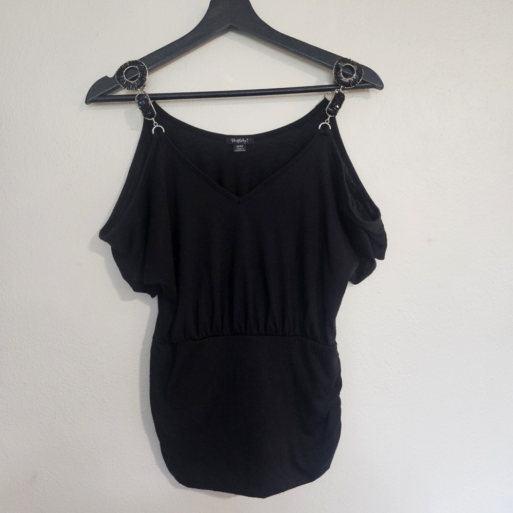 Rhapsody Beaded Cold Shoulder Blouse Top Black Ruched Empire Waist Size M